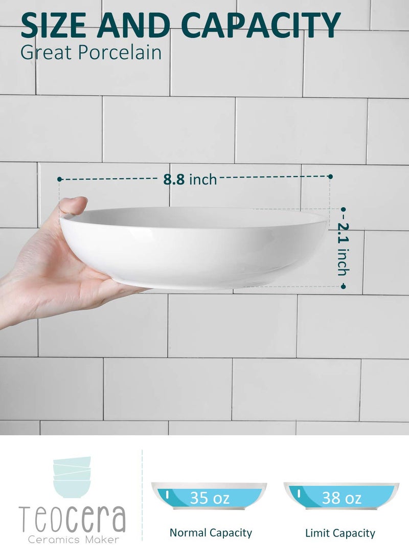 Teocera Pasta Bowls, Large Salad Bowls, Porcelain Bowl Set, Wide and Shallow, Microwave and Dishwasher Safe, 35 Ounce - Set of 4, White - Image 3
